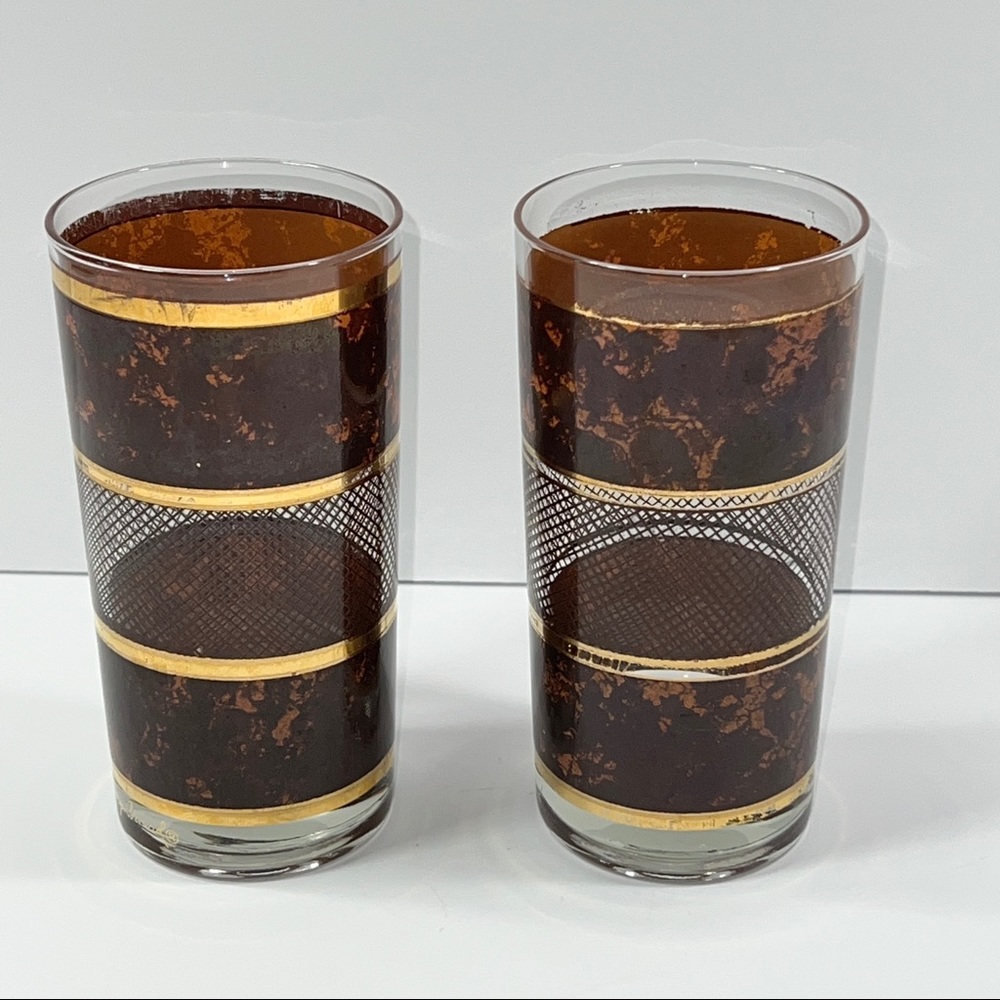 Vtg George Briard Highball Glasses Brown Gold Stripe Retro Mid Century Set of 2
